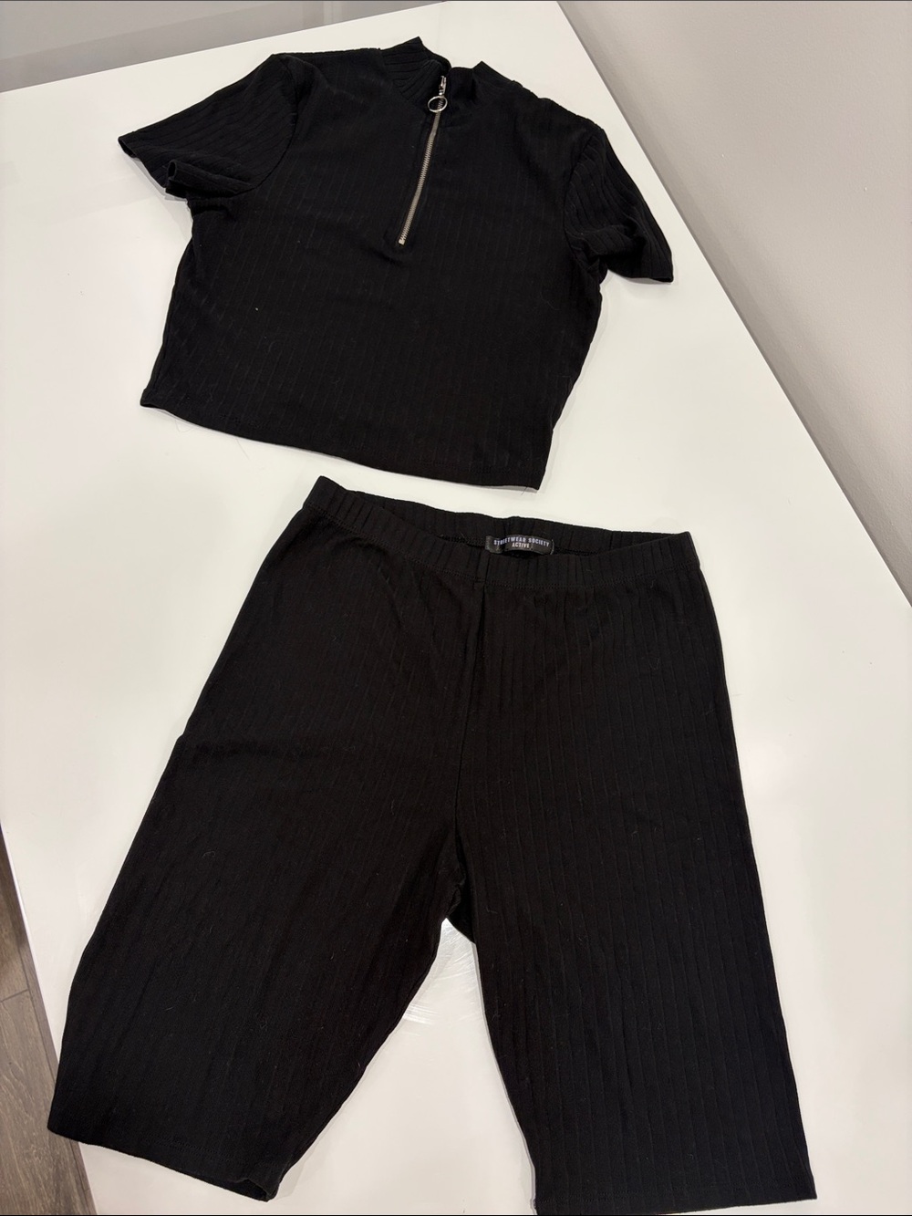 Streetwear Society Black Ribbed Half-Zip Short-Sleeve And Biker Shorts